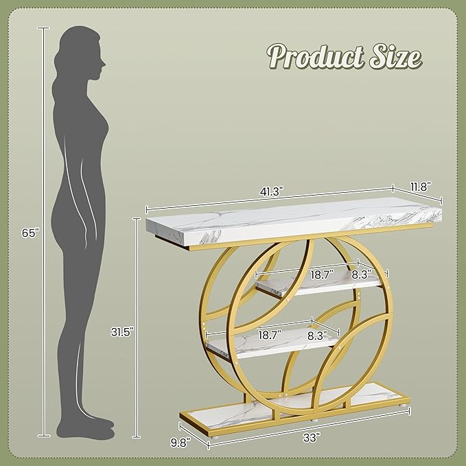 Huuger 41.3 Inch Entryway Table with Marble Top, Modern Console Sofa Table, Accent Table with Shelves, for Entry, Hallway, Entrance, Foyer, O-Shaped Metal Frame, White Marble & Gold