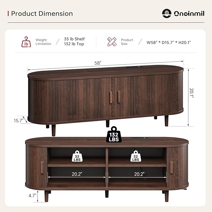 oneinmil 58" Fluted TV Stand with Sliding Doors, Mid Century Modern TV Stands, Entertainment Center with Storage and Adjustable Shelves, Wood Media TV Consoles for Living Room, Walnut