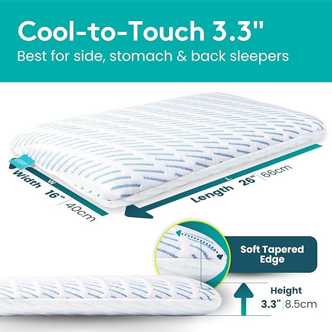 BLISSBURY 3.3 Inch Cooling Super Thin Pillow for Sleeping | Flat for Stomach & Back Sleeper | Cooling Memory Foam to Provide Comfort When Resting | Removable Cool-to-Touch Pillow Case