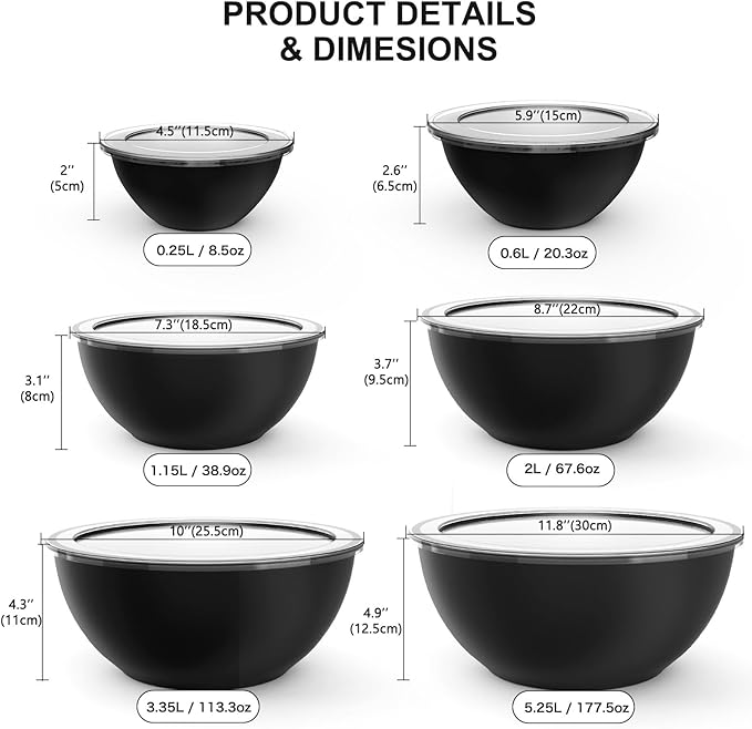 6-Piece Plastic Mixing Bowl Set with Lids for Kitchen, Nesting Storage Bowls for Baking, Prepping,Cooking and Serving Food, Dishwasher, Microwave Safe,Great for Mixing & Serving(6 Set-Black)