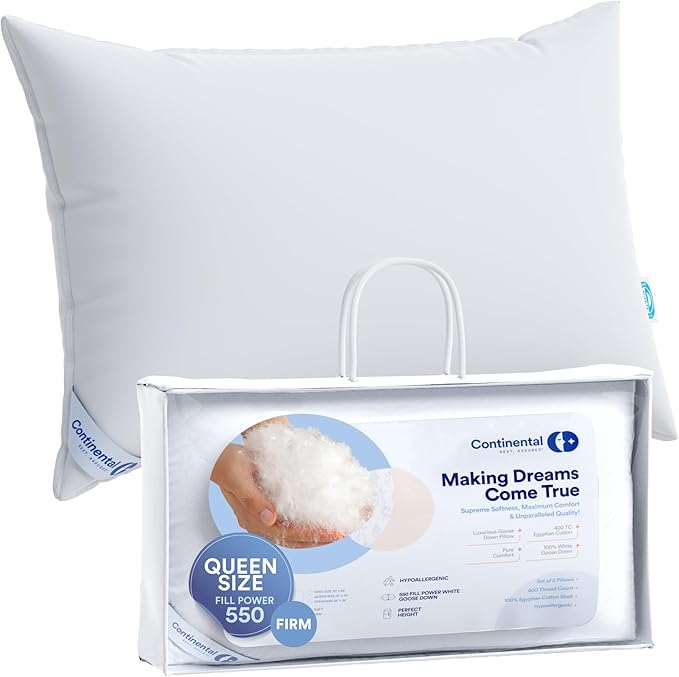 Firm Goose Down Pillow 1 Pack Queen Size 31 Ounce 30x20 Inch RDS Certified Fine Cotton Shell - Made in USA - Firm White Down Pillow