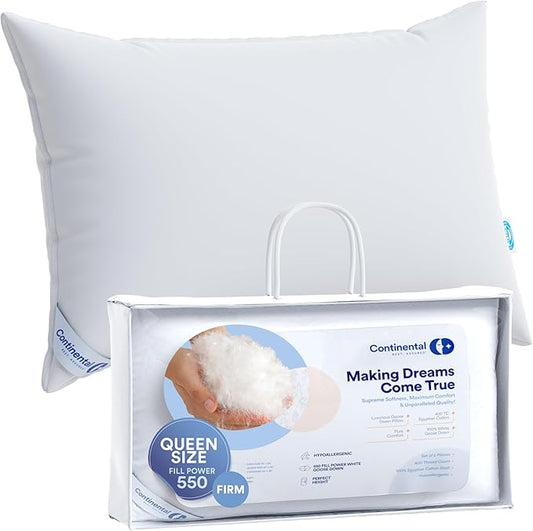 Firm Goose Down Pillow 1 Pack Queen Size 31 Ounce 30x20 Inch RDS Certified Fine Cotton Shell - Made in USA - Firm White Down Pillow