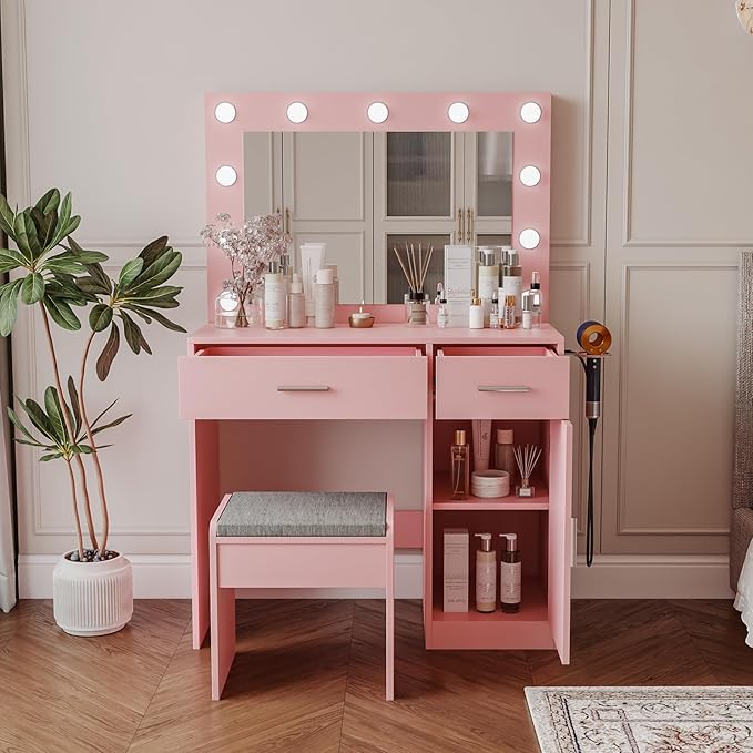 Vanity, Vanity Desk with Mirror, Large Drawer and Power Socket with 11 Light Bulbs and 3 Adjustable Lighting Modes, Vanity Table Ideal for Bedroom (Pink)
