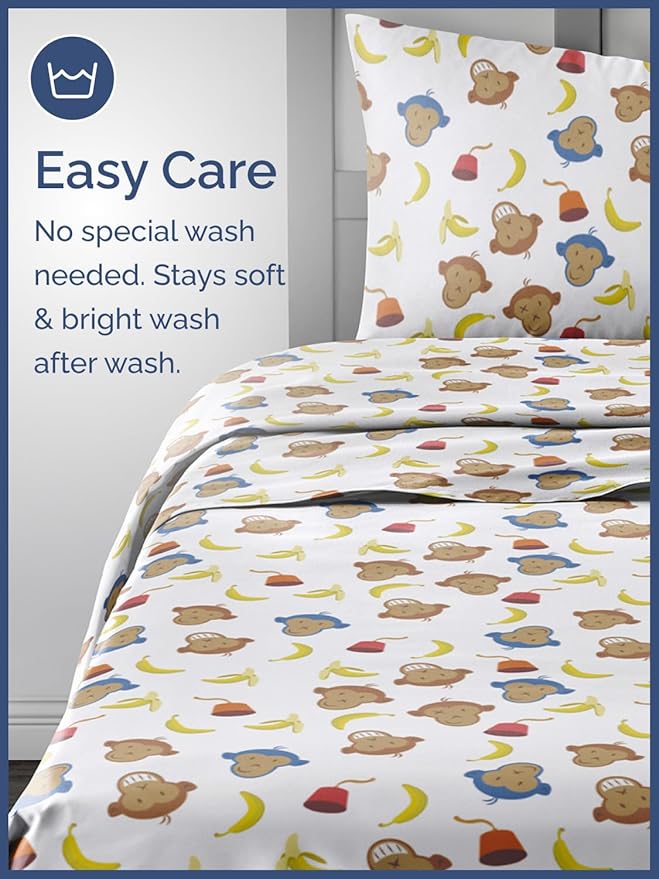 Kids Queen Size Monkey Bed Sheets - 4 Piece Monkey Sheet Set - Cartoon Banana Bedding - Soft, Cute & Cozy - Comfy, Breathable & Machine Washable - Animal Bed Set for Boys, Girls, Teens and Toddlers