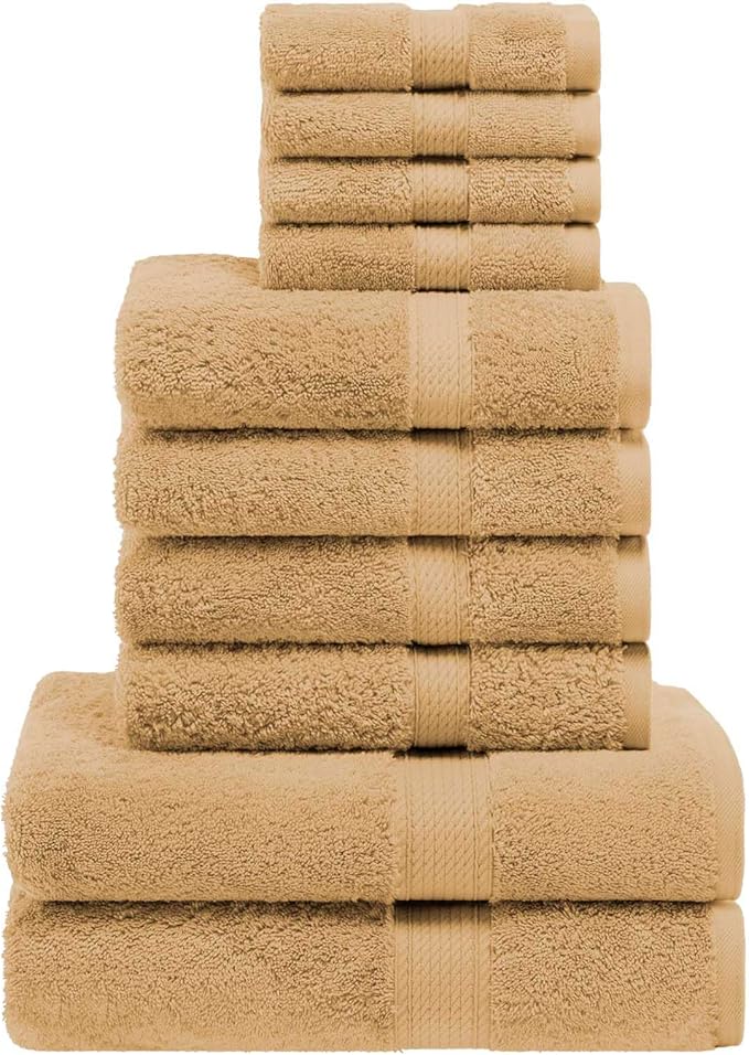 Superior Egyptian Cotton Pile 10 Piece Towel Set, Includes 2 Bath, 4 Hand, 4 Face Towels/Washcloths, Ultra Soft Luxury Towels, Thick Plush Essentials, Guest Bath, Spa, Hotel Bathroom, Toast