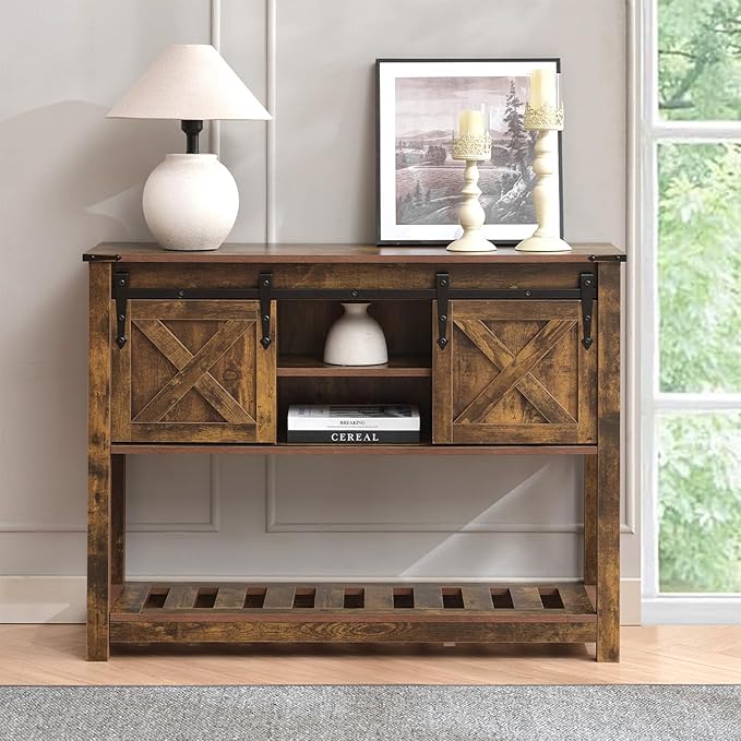 Brown Farmhouse Console Table for Entryway, Sofa Table with Storage Shelf, Hallway Tables with Sliding Barn Doors, Entry Tables for Foyer, Living Room