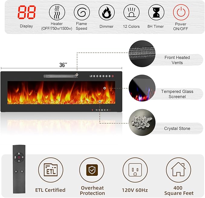 Ludatido 70 Inch TV Stand with 36 inch Electric Fireplace 27 LED Light Entertainment Center for TVs Up to 80" Black Modern Wood Media TV Console with Highlight Cabinet for Living Room White