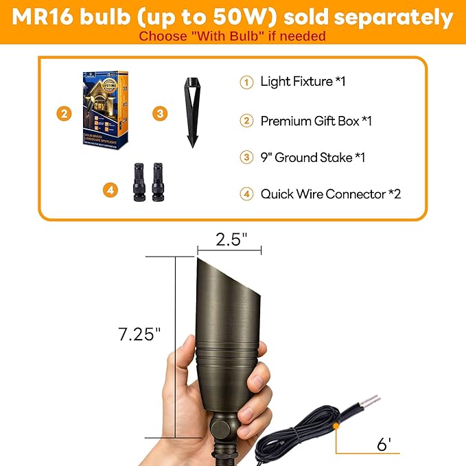 Brass Landscape Lighting - Low Voltage Spotlights Outdoor LED, 12V Wired Uplights, Waterproof Spot Lights, Antique Bronze for Outside Trees Without MR16 Bulb (4 Pack)