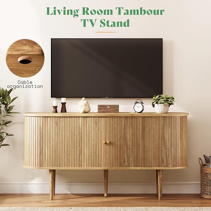 AMERLIFE 55" TV Stand with Solid Wood Legs, Mid Century Modern TV Console with Tambour Door for 80-inch TV, Dust-Proof Storage Cabinet for Living Room, Natural Finish