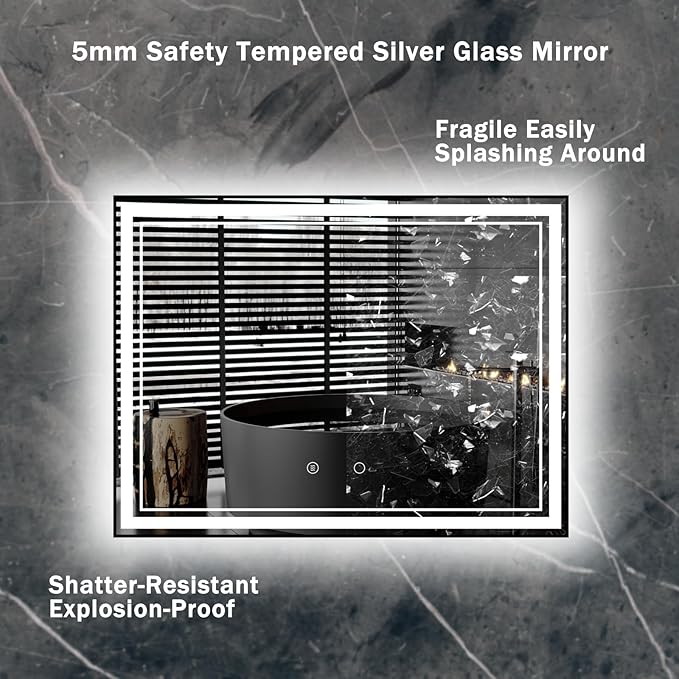 48" x 36" LED Bathroom Mirror with Lights Framed LED Mirror for Bathroom Backlit and Front Lighted Bathroom Mirror Black Square Aluminum Frame Anti-Fog Dimmable Adjustable Shatter-Proof