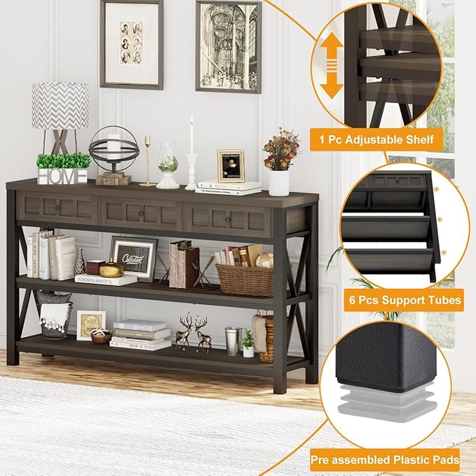 FATORRI Console Table with Storage for Entryway, Rustic Sofa Table with 3 Drawers for Living Room, Farmhouse Hallway Tables and Couch Tables Behind Sofa (54.72 Inch Long, Walnut Brown)