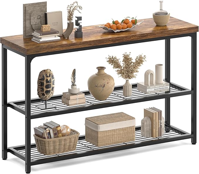 47" Console Table, 3-Tier Entryway Table, Sofa Table with Mesh Shelves, Console Tables for Living Room, Bedroom, Hallway, Entryway, Foyer, Rustic Brown
