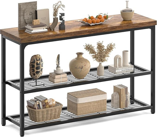 47" Console Table, 3-Tier Entryway Table, Sofa Table with Mesh Shelves, Console Tables for Living Room, Bedroom, Hallway, Entryway, Foyer, Rustic Brown