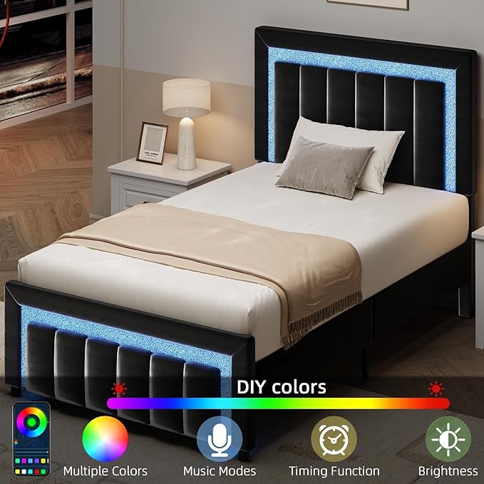HOMBCK Twin Size Bed Frames with LED Lights and Velvet Upholstered Headboard, Bed Frame Twin with Modern Diamond Headboard Adjustable, Wooden Slats Support, Noise Free, No Box Spring Needed, Black