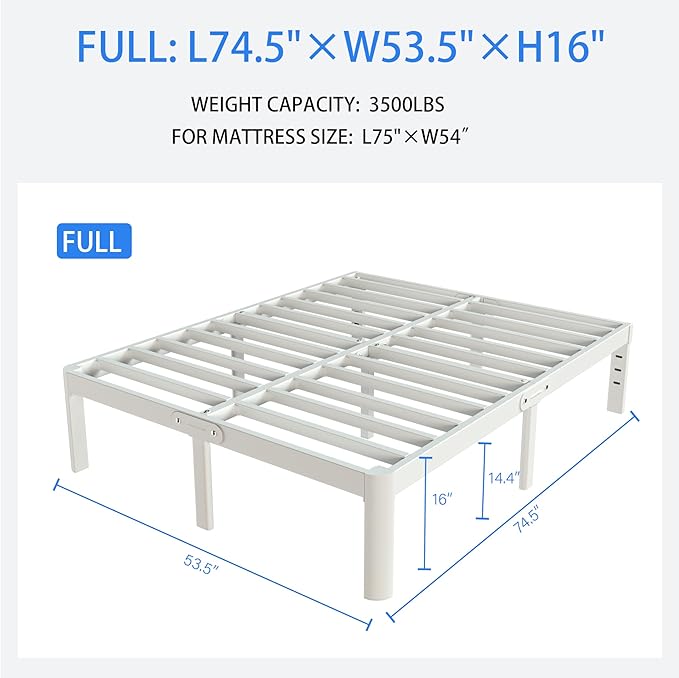 White Full Size Bed Frame 16 Inch, Metal Full Bed Frame No Box Spring Needed, Heavy Duty Steel Support 3500 LBS, DIY Headboard, Noiseless, Round Corner Legs, Storage Space, Easy Assembly
