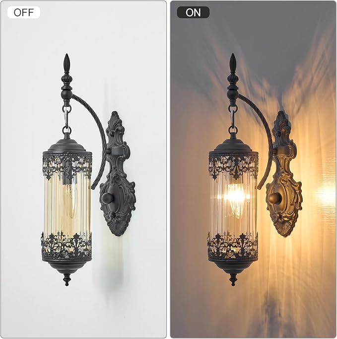 Rustic Wall Sconce with Amber Glass Mini Vintage Antique Gothic Wall Light Fixture Retro Farmhouse Mid Centry Lantern Wall Sconce for Bedroom, Hallway, Living Room, Mirror, Black, E12