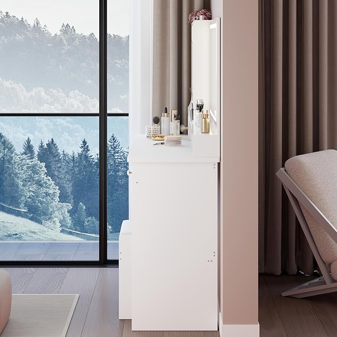 41" Vanity Desk with Mirror and Lights, Makeup Table with Led Mirror, 3 Lighting Colors, Vanity Set with 6 Drawers and Stool for Bedroom, White