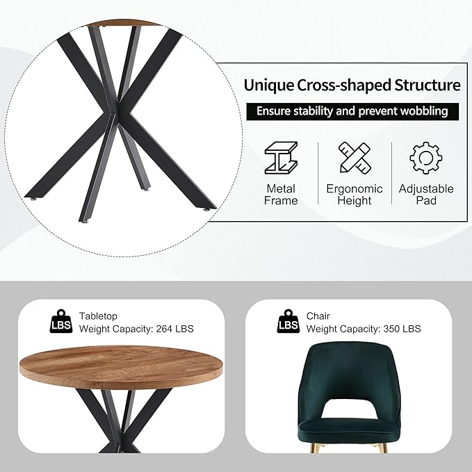 NORDICANA 5-Piece Dining Table Set for 4 - Space Saving 37-Inch Round Table and Chairs, 4 Seaters Dining Set with Upholstered Dining Chairs (Forest Green)