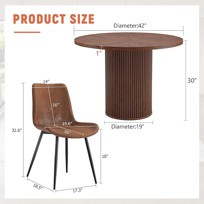AZmac Round Dining Table Set for 4, Wooden Round Table 5-Piece with Modern Farmhouse Dining Table and 4 Suede Leather Chairs for Kitchen Dining Room, Walnut Table + 4 Saddle Brown Chairs
