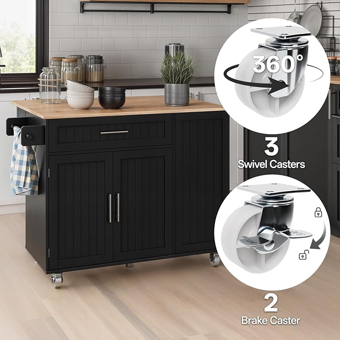 Kitchen Island with Storage & Drop Leaf - 43.3" Mobile Kitchen Cart with Wheels, Rolling Kitchen Island with Trash Bin Cabinet & Towel Rack, Rubberwood Top, Black Island for Kitchen