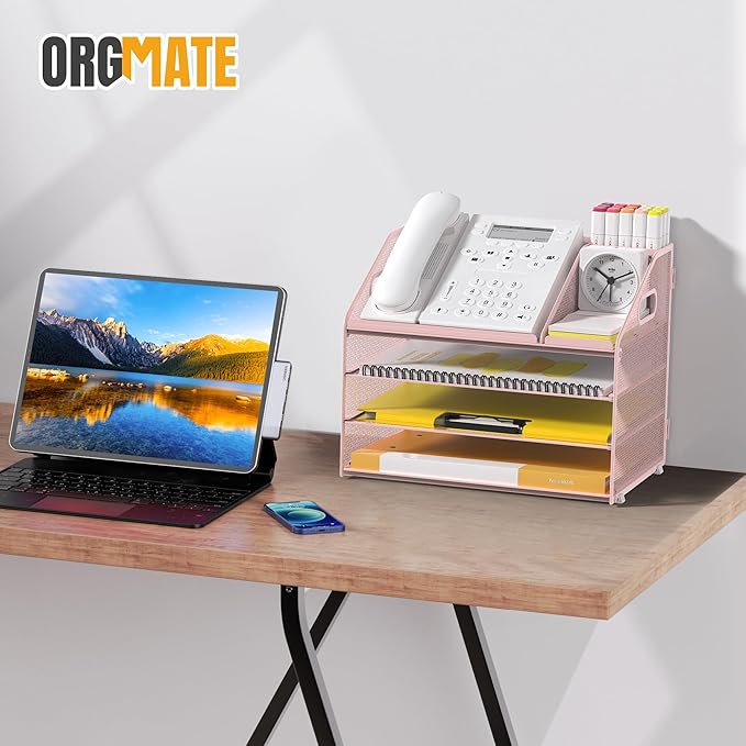 Letter Tray Paper, 4 Tier Desk Organizer with Pen Holder and Handle, Mesh File Organizer Paper Sorter Metal Desktop Document Shelf for Office Home Classroom - Pink
