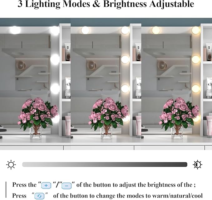 Loomie Vanity Desk with Lighted Mirror & Power Outlet, Makeup Vanity Table with 6 Drawers, 3-Tier Shelf, Vanity Dresser with 10 Lights in 3 Lighting Colors for Bathroom, Bedroom,Makeup Room, White
