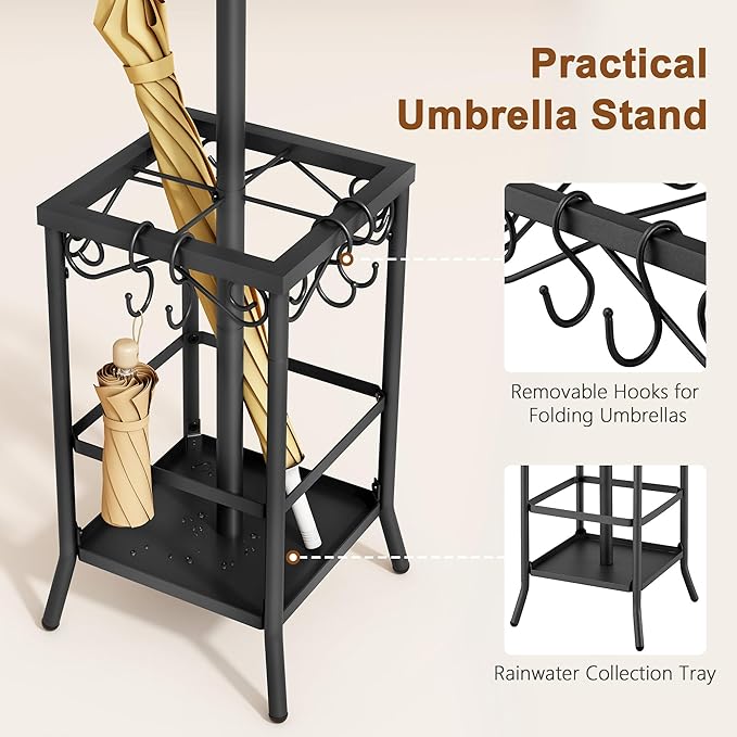 Hoctieon Coat Rack Freestanding, Coat Tree with Umbrella Holder, Metal Coat Rack Stand with 12 Hooks, Standing Coat Hanger Stand, Umbrella Stand for Entryway, Hat Rack Stand for Home Office, Black