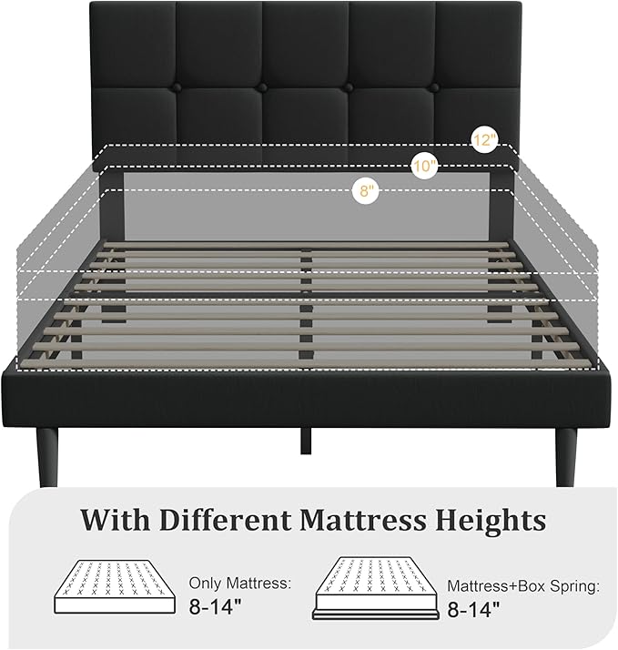 Full Size Bed Frame, Full Size Platform Bed Frame with Headboard, Upholstered Headboard, Sturdy Wooden Slats, Noiseless No Box Spring Required, Easy to Assemble, Black