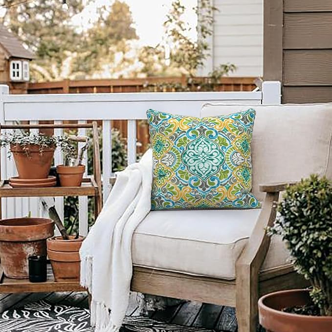 LVTXIII Set of 2 Patio Throw Pillows Waterproof 18"x18" Fade Resistant Outdoor Throw Pillows with Inserts, Fluffy Decorative Garden Toss Pillow Cushions for Home Patio Coach Sofa Use, Damask Green