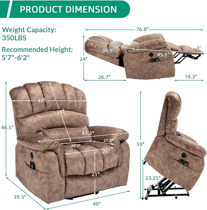 VIVIJASON Tall Man Large Dual Motor Power Lift Recliner Chair with Extended Footrest, Overstuffed Lay Flat Sleeper Electric Recliner W/Heat & Massage, Lumbar Pillow, USB & Type-C Ports, Plush Brown