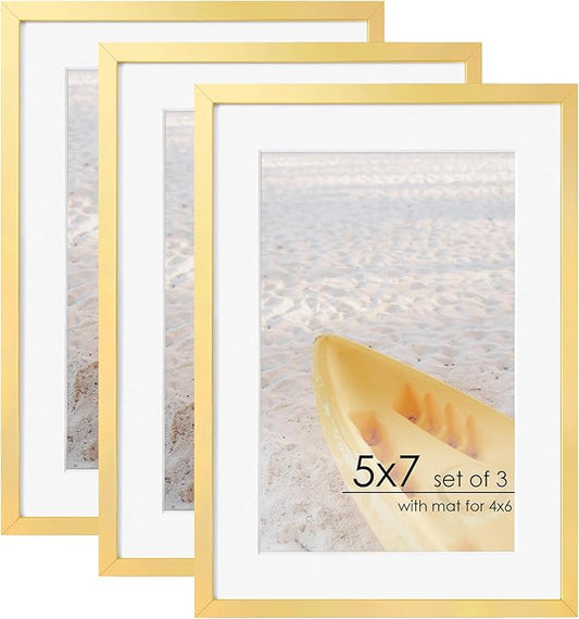 5x7 Gold Picture Frame | Metal 5x7 Frame With Mat For 4x6 | 5 x 7 Aluminum Photo Frame | Plexiglass And Hanging Hardware Included | 5 By 7 Picture Frame | 3Pcs, Gold
