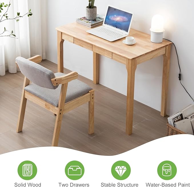 Solid Wood Desk, Gaming Study Home Office Desks for Work, Student PC Desk for Bedroom, Small Computer Desk for Small Spaces, Easy to Assemble (Wood Color, 39inch)