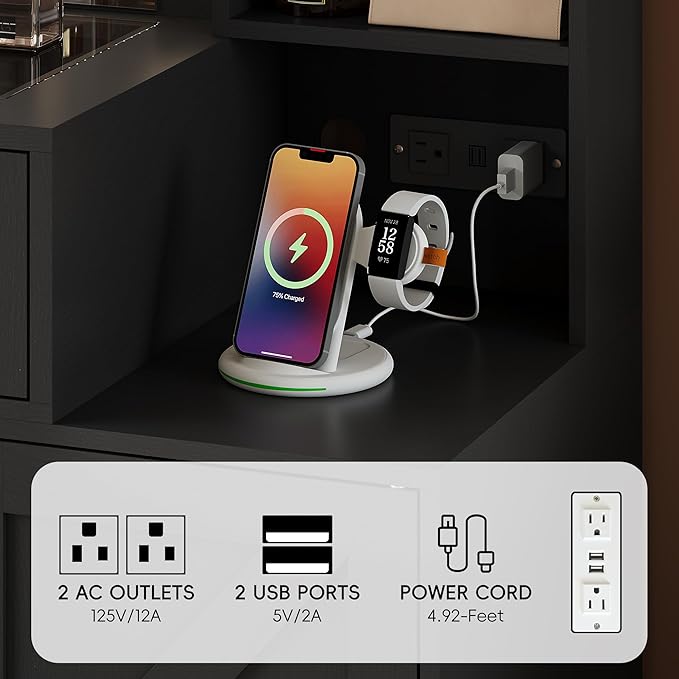 Makeup Vanity Desk with Mirror and Lights, Black Vanity Table with LED Lighted Mirror & Power Outlet, Dressing Table with Chair, Large Storage Drawer & Cabinet, and Foldable Panel for Girls’ Bedroom