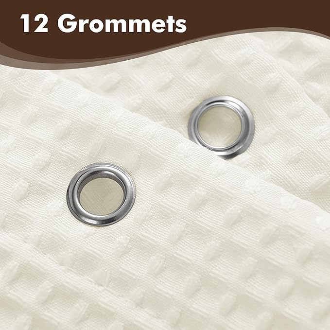 Waffle Weave Fabric Shower Curtain Heavyweight 230 GSM, Hotel Luxury, Water Repellent, Washable, Cream Diamond Pattern Pique for Decorative Bathroom Curtains