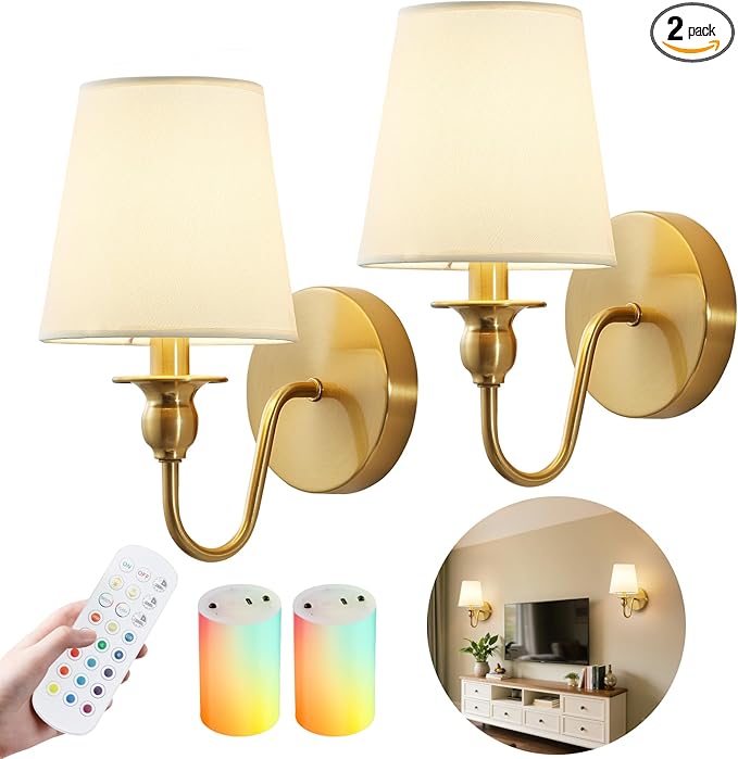 Battery Operated Wall Sconces set of Two,Wireless Wall Sconces with 10000mAh Dimmable Bulb and Remote,LED 15 Colors Rechargeable Gold Wall Sconce with Fabric for Bedroom Living Room Hallway Wall Decor