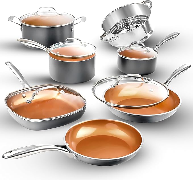 Gotham Steel 12 Pc Ceramic Cookware Set Nonstick, Ceramic Pots and Pans Set Non Stick with Steamer for Cooking, Non Toxic PFOA PFOS Free, Ergonomic Stay Cool Handles, Oven & Dishwasher Safe, Copper