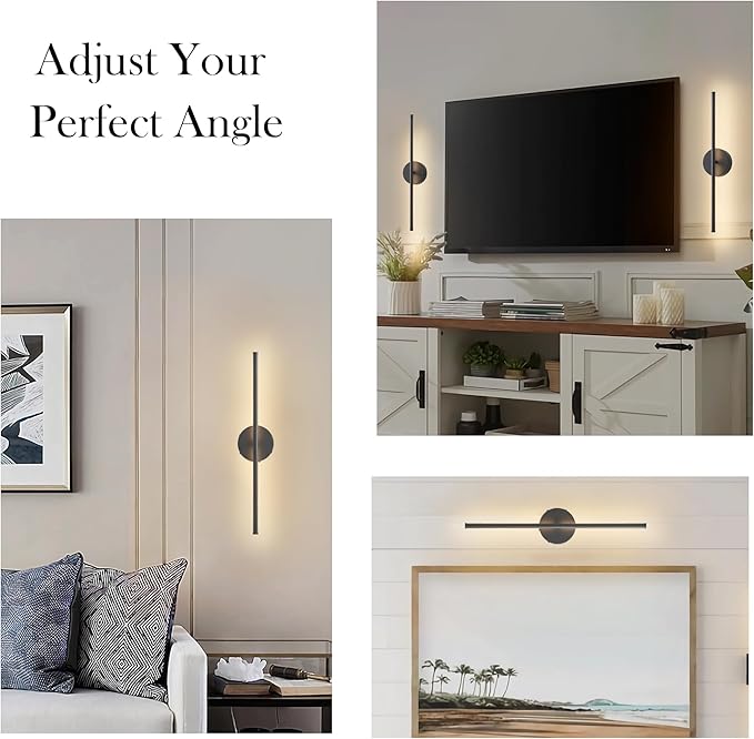 Battery Operated Wall Sconces, Dimmable Wall Sconces Set of Two, 350°Rotate, 3000K LED Black Wireless Wall Light for Living Room, Bedroom,Hallway, 20.4 Inch (2 Pack)