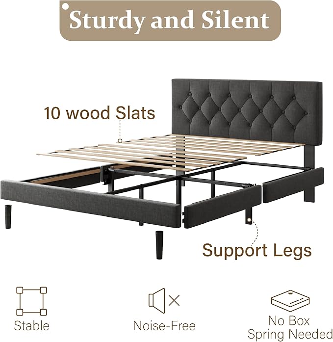 Full Size Platform Bed Frame with Upholstered Headboard, Button Tufted Design, Strong Wooden Slats, No Box Spring Needed, Easy Assembly, Noise Free