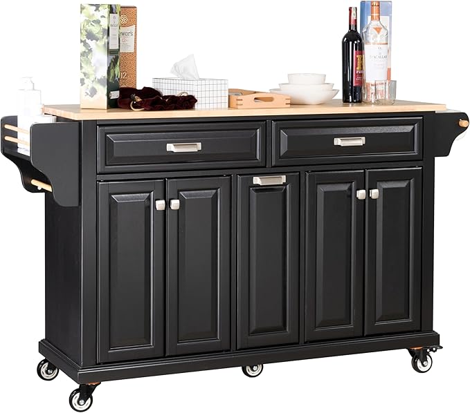 Rolling Solid Wood Kitchen Island with Rubberwood Top, 3 Drawers, 2 Cabinets, Adjustable Shelves, Spice Rack & Locking Wheels – Painted Finish, Black