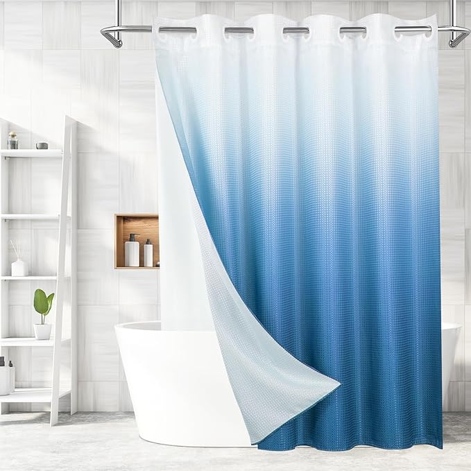 MitoVilla No Hooks Needed Blue Ombre Waffle Shower Curtain with Snap-in Liner, Modern Waffle Weave Heavy Duty Fabric Cloth Shower Curtain for Luxury Neutral Hotel Spa Bathroom Decor, 72 x 74