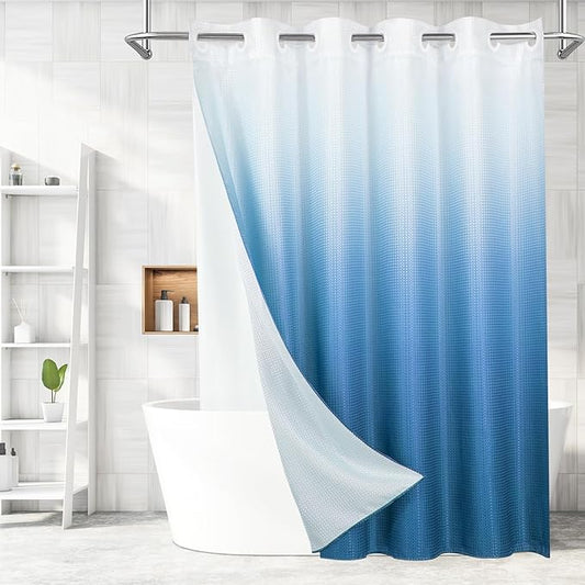 MitoVilla No Hooks Needed Blue Ombre Waffle Shower Curtain with Snap-in Liner, Modern Waffle Weave Heavy Duty Fabric Cloth Shower Curtain for Luxury Neutral Hotel Spa Bathroom Decor, 72 x 74