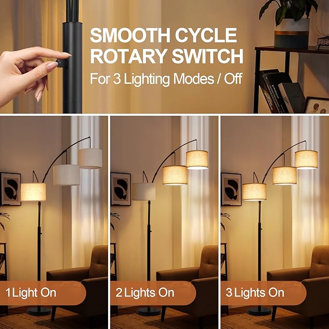 OUTON Arc Led Floor Lamp, Modern 3 Light Arched Tall Floor Lamps for Living Room, Mid Century Adjustable Standing Corner Lamps for Bedroom Office, 3 LED Bulbs Included, Beige Lampshade