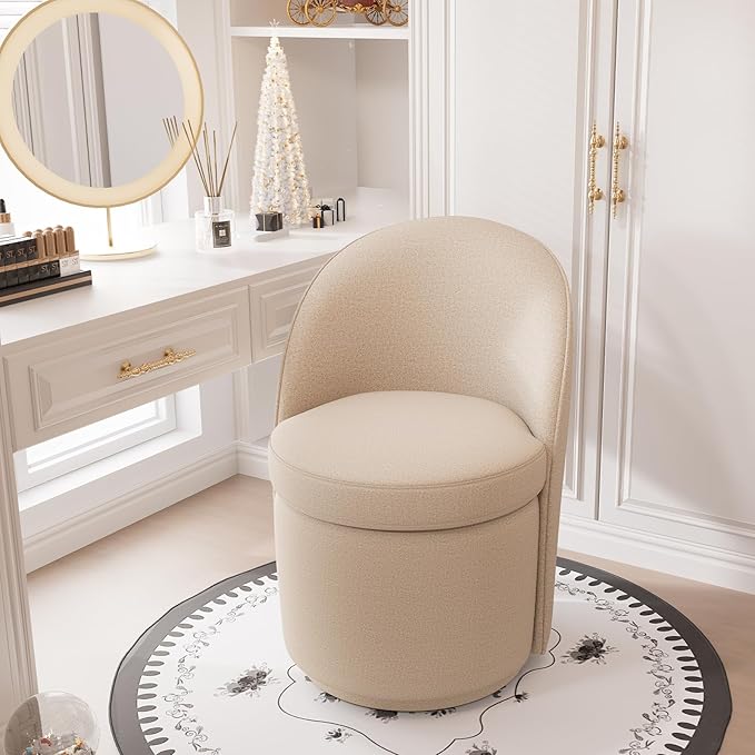 YOUNIKE Vanity Bench Boucle Fabric Coffee Solid Wood Swivel Accent Chair with Backrest Easy Assembly Dressing Stool for Bedroom & Makeup Room