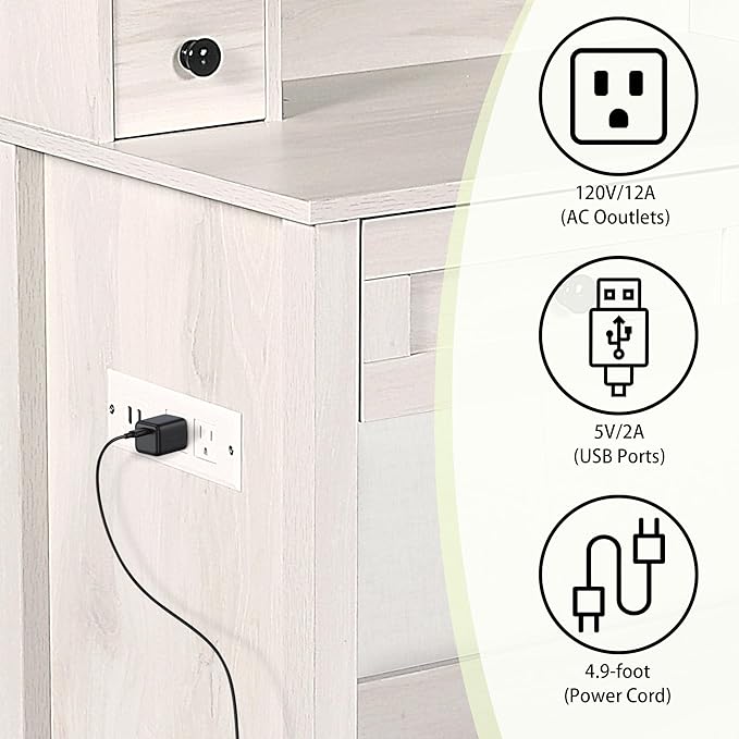 MISHAO Vanity Desk with Mirror and Lights, 31.4" Makeup Vanity with Power Strip, Dressing Table Set with 2 Large Drawers & Storage Stool,Vanity Mirror 3 Lighting Color Adjustable, Oak White