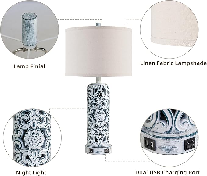 25'' Vintage Coastal Table Lamp Bedside Lamps Set of 2, Farmhouse Table Lamps with Dual USB Ports for Bedroom, Wash Blue Hollow Out Resin Lamp with Nightlight for End Table, 2 Bulbs Included