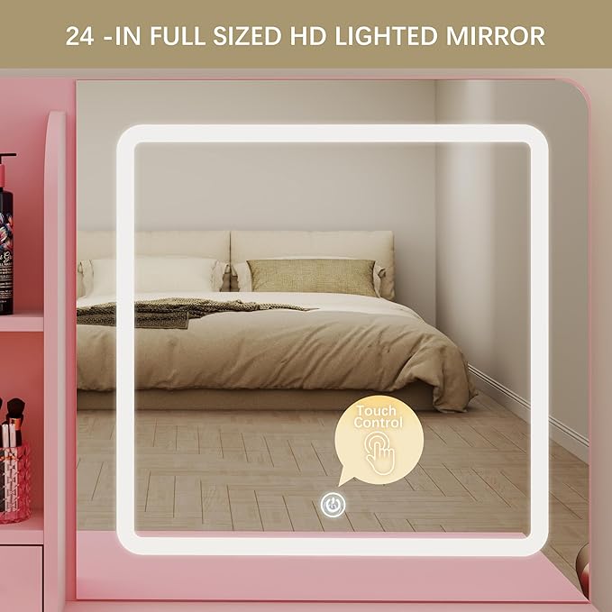 Vanity Desk with Mirror and Lights, 3 Adjustable Lighting Makeup Vanity Desk with 3 Storage Shelves, 5 Large Drawers and Power Outlet, Pink Vanity with Chair for Bedroom
