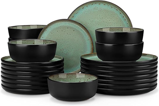 vancasso Plates and Bowls Sets, 24 Pieces Stoneware Dinnerware Sets for 8, Kitchen Dish Set Mircowave and Dishwasher Safe Dinner Set Ceramic Dishware, Turf Green, Series AMBER