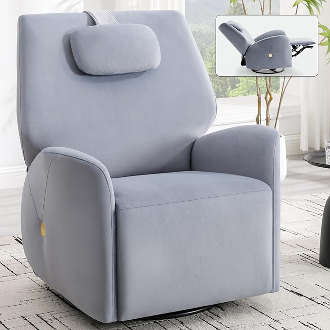 Power Recliner Chairs for Women, 270° Swivel Recliner Rocker Chair with Charging Ports, Reclining Rocking Glider Chair for Nursery, Polyester Fabric Blue