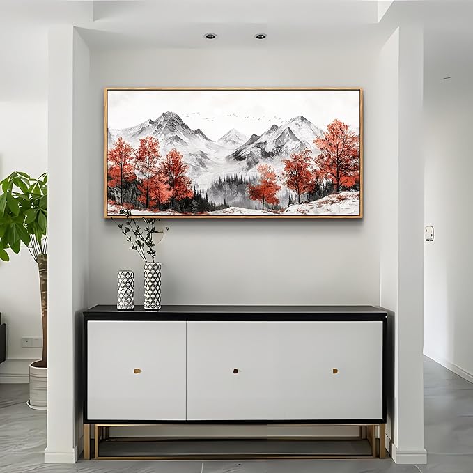 PHAOHUAXM Canvas Wall Art For Living Room Large Wall Decor For Bedroom Red Tree Ink-Wash Mountain Landscape Painting Wall Pictures Office Modern Restaurant Room Home Decoration Wood Framed 20"X40"