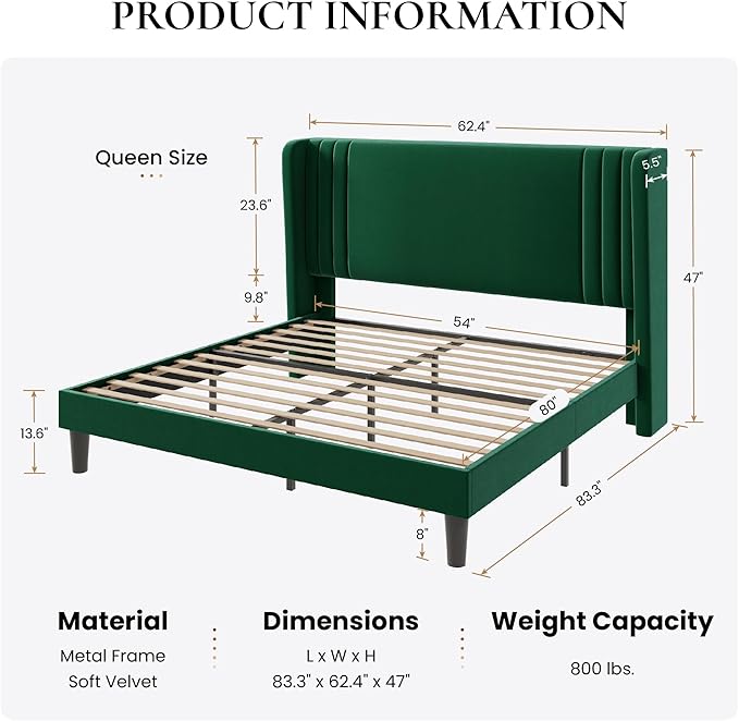SHA CERLIN Queen Size Velvet Upholstered Platform Bed Frame with Vertical Channel Tufted Wingback Headboard, Wooden Slats Support, Easy Assembly, Under Bed Storage, No Box Spring Required, Green